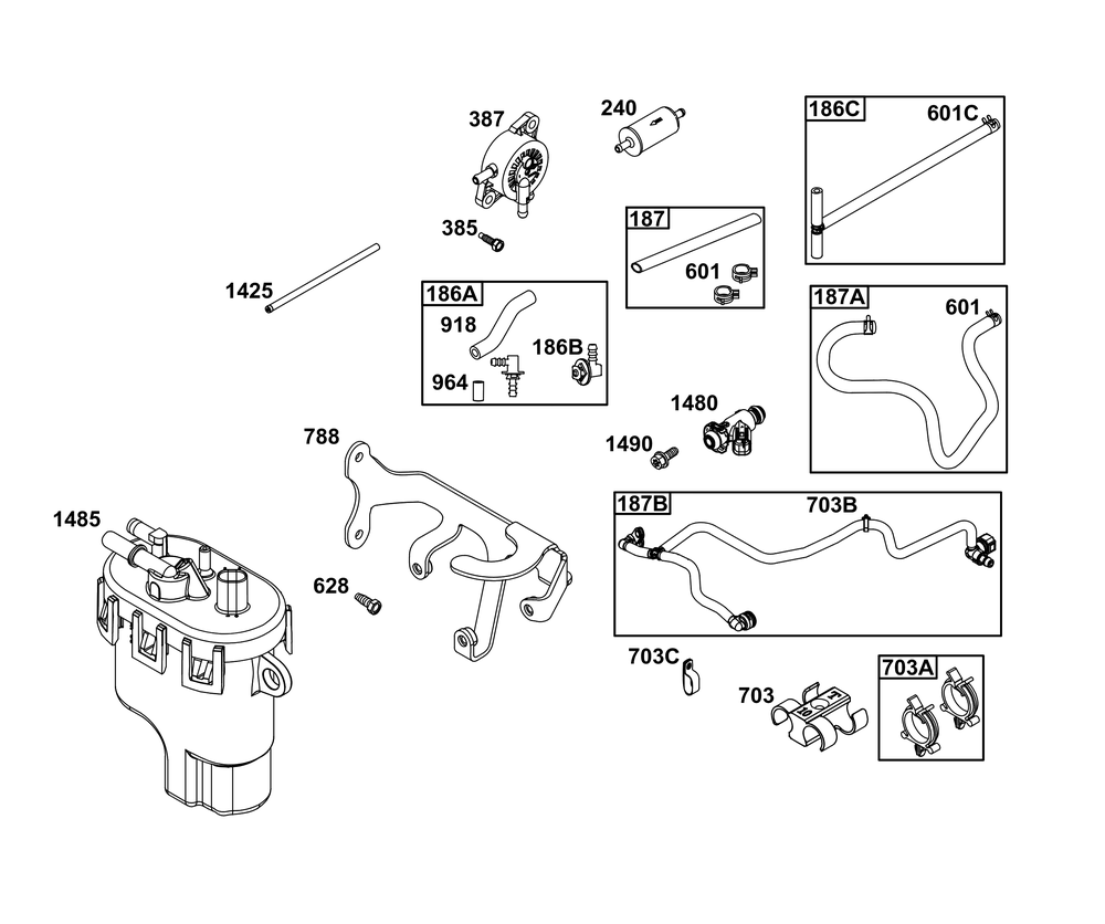 Fuel Supply Group Diagram and Parts List for 49E877-0019-B5 400000 - 699999 Briggs and Stratton Engine